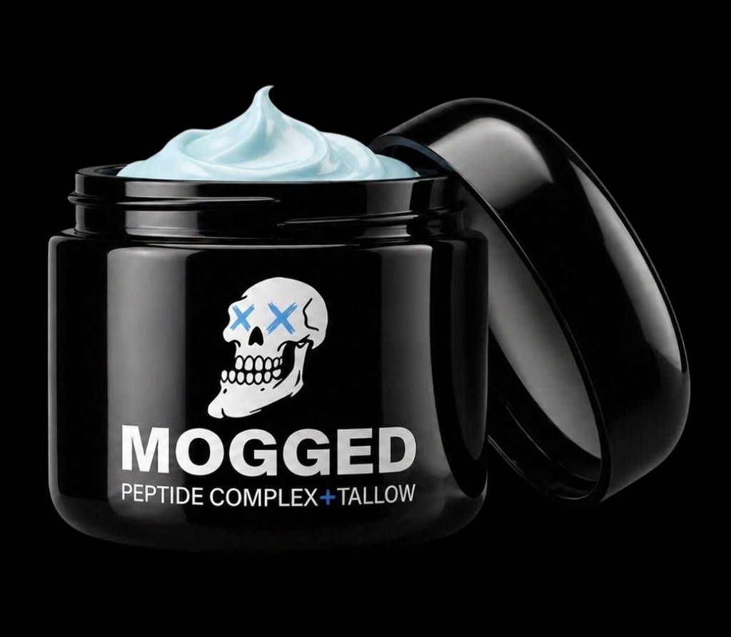 MOGGED — open jar, whipped peptide cream on black